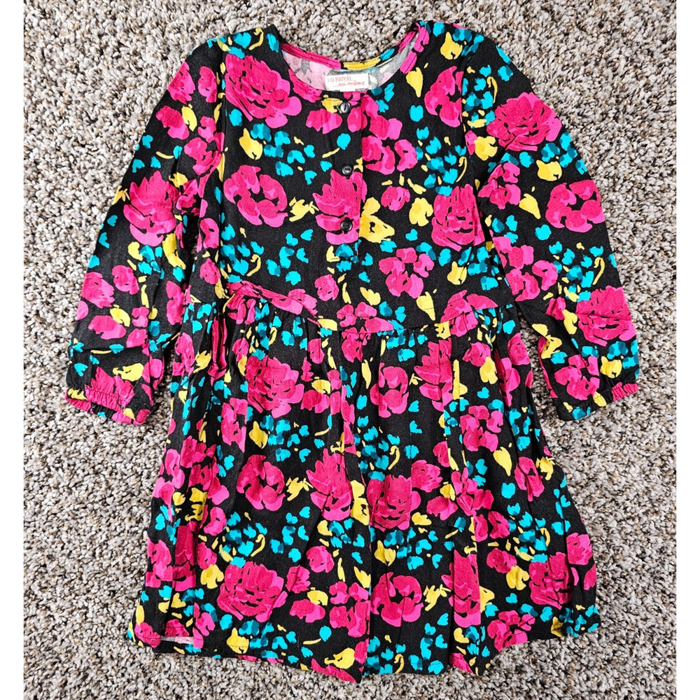 Du Pareil Au Meme Firls Sz 4 Long Sleeve Dress Black Bright Pink Floral